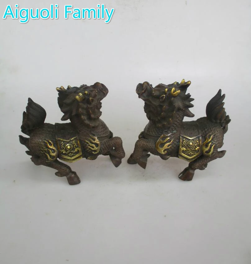 

AAA+Rare 1 Pair Chinese Old Copper Carved Unicorn Beast Statue / Metal Craft For Home Feng Shui Decoration Antique Collection