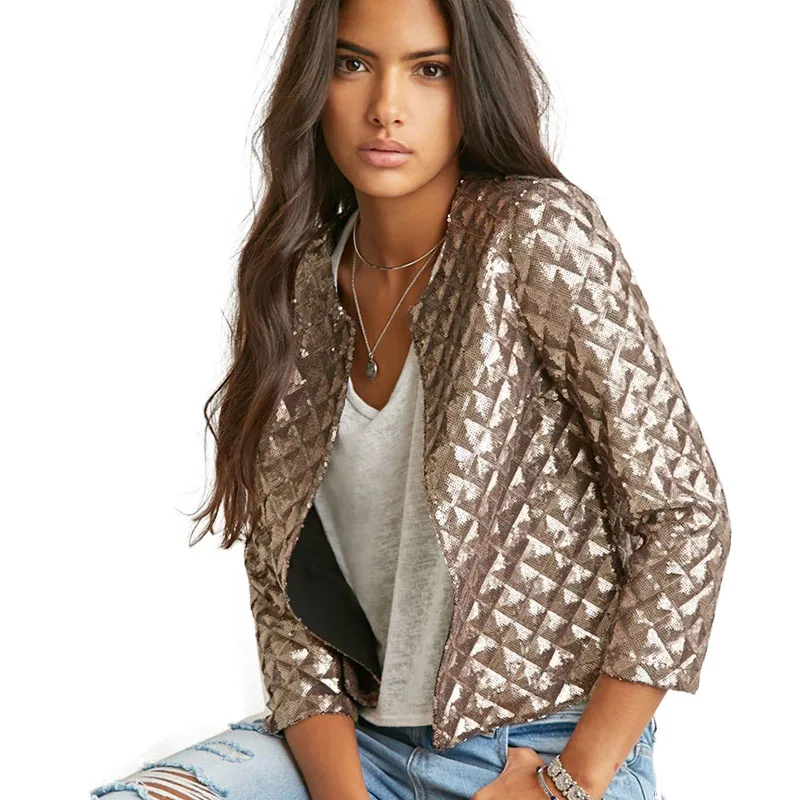

2018 Brand New Spring Style Vogue Lozenge Women Gold Sequins Jackets Three quarter sleeve Fashion Coats Outwears