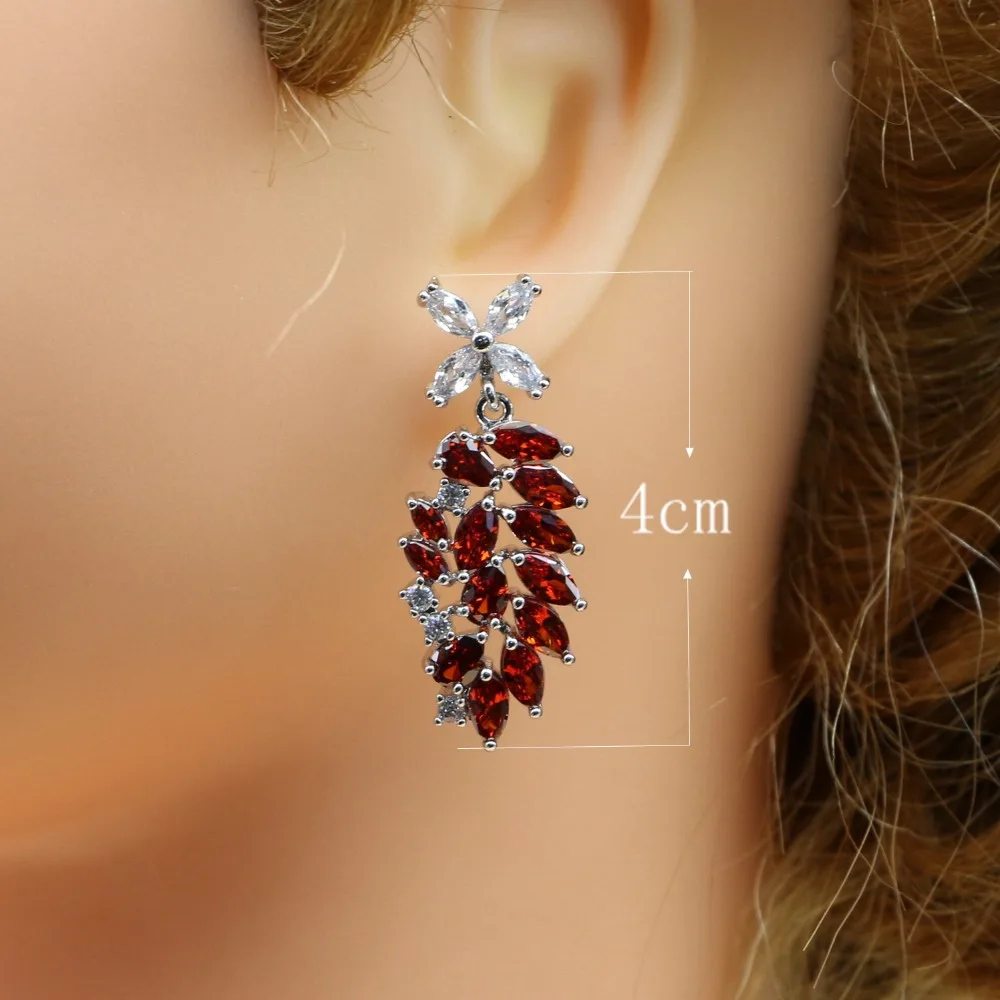 Elegant 925 Silver Jewelry Decoration Flower Shaped Red Cubic Zirconia Stone Bridal Long Earrings For Women (6)