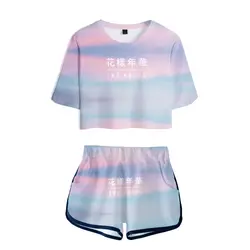 BTS 3d дамы World Tour Love Yourself 2019 новые женские комплекты с высоким Srteet Oversize Navel футболка с коротким рукавом и короткие штаны комплекты