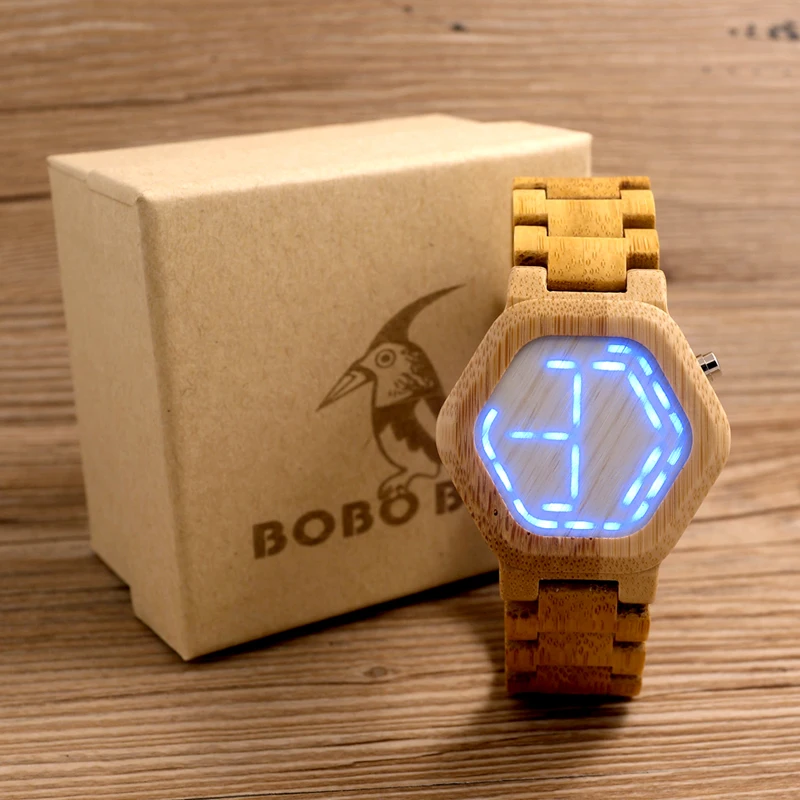 relogio BOBO BIRD LED Bamboo Wood Watches Digital Watch Men Kisai Night Vision Calendar Wristwatch Minimal Time Display C-eE03