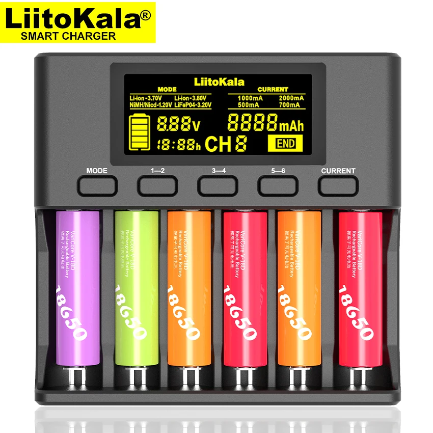 

LiitoKala Lii-S6 Battery charger 18650 Charger 6-Slot Auto-Polarity Detect For 18650 26650 21700 32650 AA AAA batteries