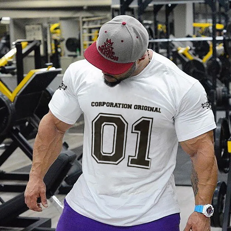 

2018 New Cotton T Shirt Men Breathable T-Shirt Homme Gyms T Shirt Men Fitness Summer Printing Gyms Tight Top Black White