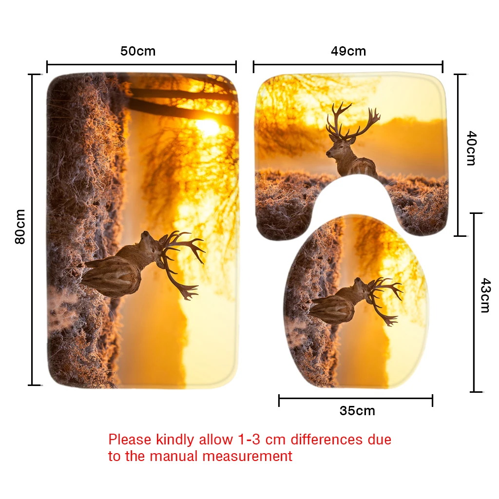 Комплект из 3 предметов, для ванной и туалета Комплект ковриков один олень лес узор нескользящий, для ванной коврик классический мультфильм Ванная комната набор ковриков