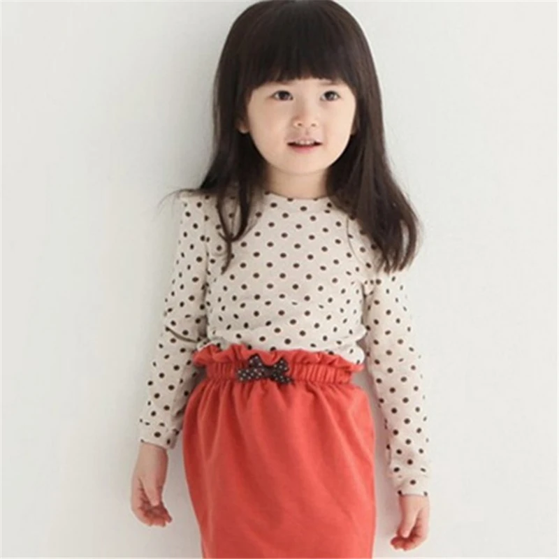 Милая Повседневная футболка в горошек с длинными рукавами и круглым вырезом в Корейском стиле для маленьких девочек топы, блузка Футболка для малышей от 2 до 7 лет