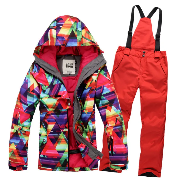 

2015 womens ski suit snowboard set women ladies snow suit skiwear geometric jacket and red pants high quality free shipping