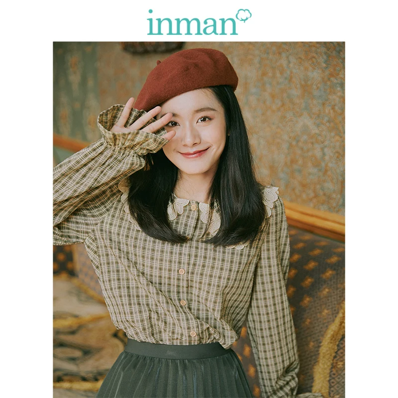 

INMAN 2019 Autumn New Arrival Young Literry Style Lace Turn Dowm Collar Young Girl Plaid Women Shirt