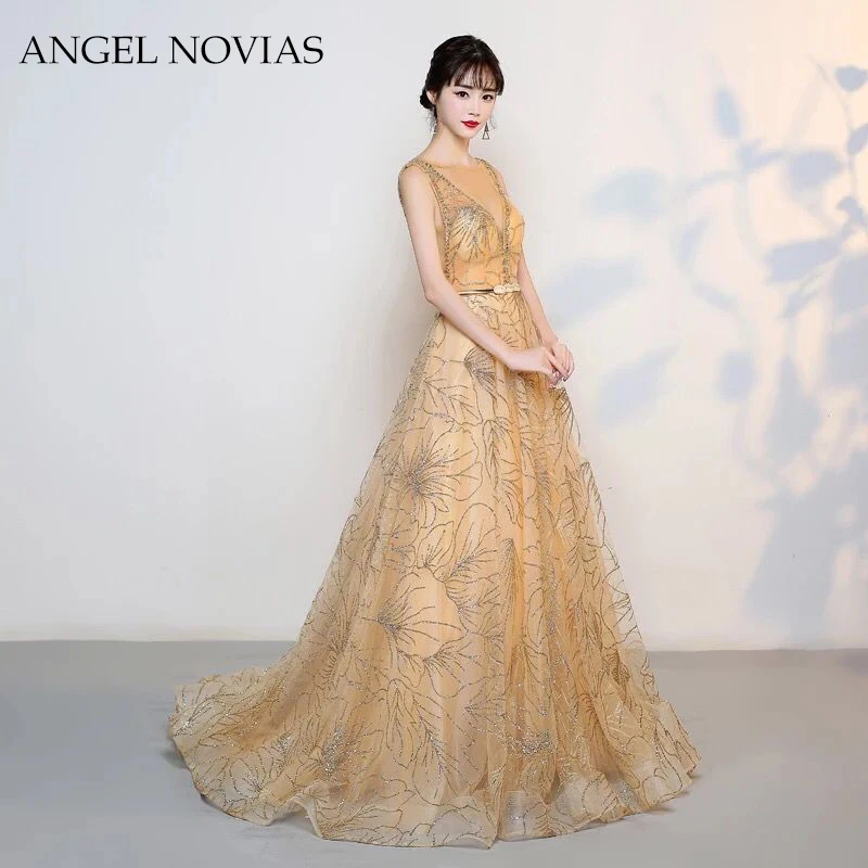 ANGEL NOVIAS 2018 New Custom Make Gold Glitter Sparking Evening Dress Long Formal Amazing Vintage Arabic Prom Dresses