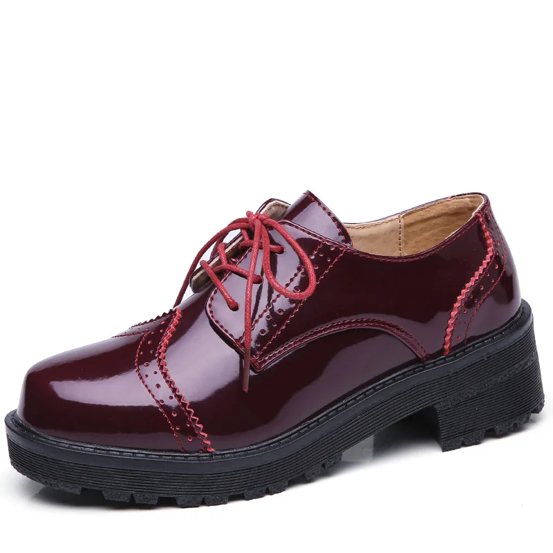 O16U/женские низкие классические туфли-оксфорды; женские черные туфли из лакированной кожи со шнуровкой на среднем квадратном каблуке; брендовые туфли-оксфорды с перфорацией типа «броги» - Цвет: Wine Red D 853