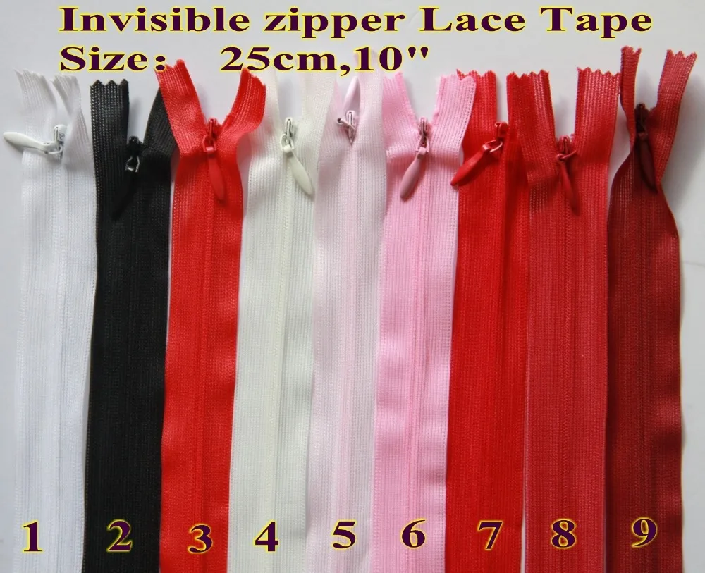 

Free Shipping--length 25cm,10" Invisible Zipper Lace Tape Water Drop slider,#3 nylon zipper, 28colors, $8/20pcs in any color
