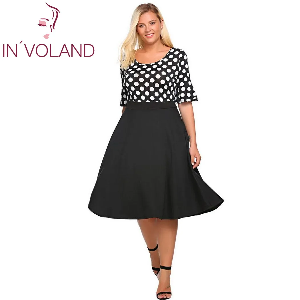 

IN'VOLAND Women Vintgae Dress Plus Size Summer Autumn Half Sleeve Polka Dot Patchwork Swing Party Dresses Vestidos Femme Robe
