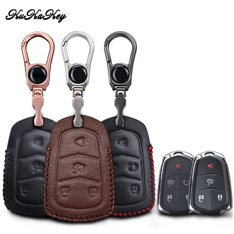 

Kukakey For Cadillac Escalade ATS CTS XTS 4&5 Button Fashion Leather Car Key Pack Cover Case Holder Shell Keychain Accessories