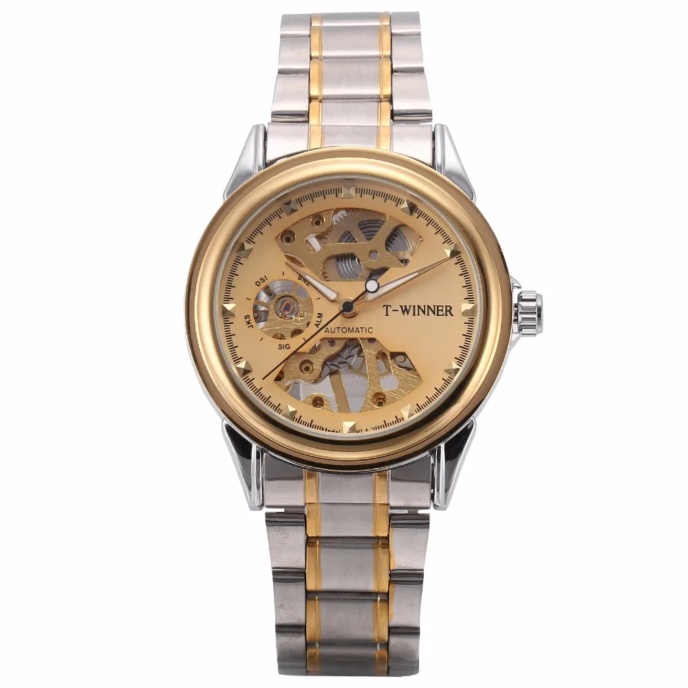 

Winner Brand Vogue Automatic Self Wind Golden Case Steampunk Gear Skeleton Steel Band Montre Mechanical Mens Watches Gift/PMW482