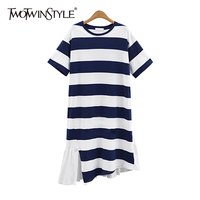 

TWOTWINSTYLE Striped T-Shirt Summer Dress Female Short Sleeve Patchwork Chiffon Ruffle Casual Midi Dresses Women Plus Sizes 2019