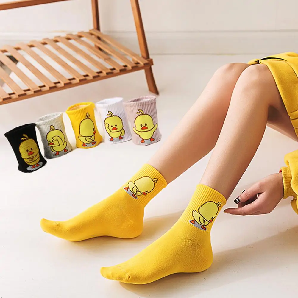

DSstyles 5Pairs/Set Women Fashion cartoon image cute little yellow duck pattern in tube socks cotton breathable anti-sweat socks
