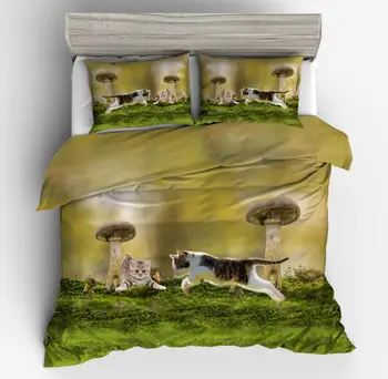 

3d HD Print Cute Cat Bedding Set Quality Mushroom 3PCSgreen DuvetCover Sets Single Queen King Size Bedclothes Bedding pillowcase
