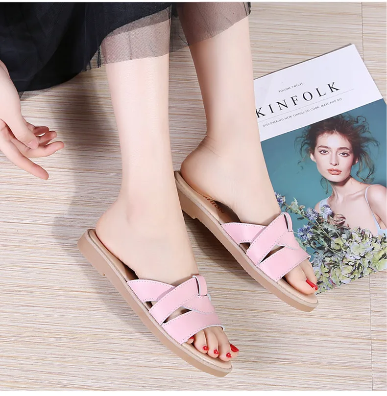 2019 Summer women slippers slip on round toe flat slides sandals women white black leather slippers flip flops slippers  (9)