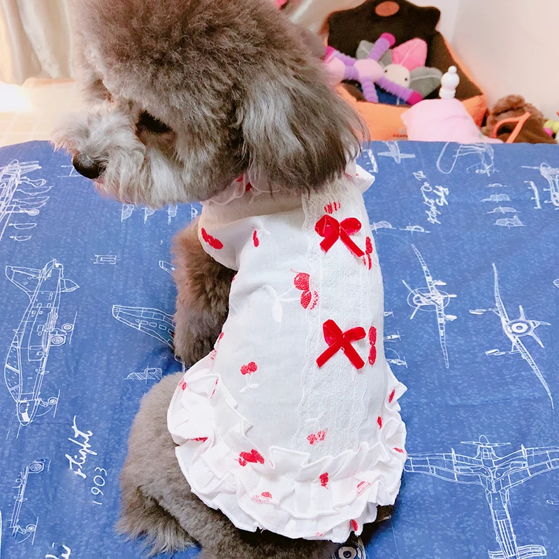 

OnnPnnQ Pet Dog Bow Dress Summer Puppy Printed Clothes Princess Lace Embroidery Dress For Small Dogs Skirt Chihuahua Poodle Pug
