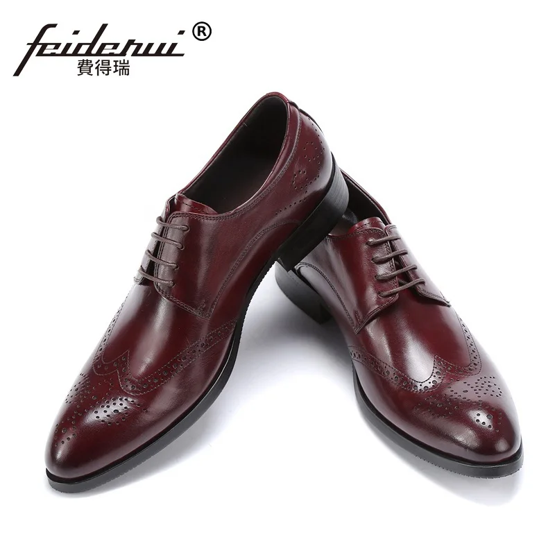 Punta Oxfords Zapatos Auténtico Tip Redonda Negro Hombre Flats Vintage Cuero marrón Hj78 Nupcial Wing Tallado Partido Británico Hombres Brogue Formal vP01wX