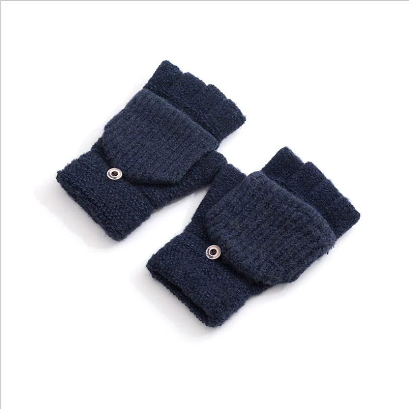 Зимние мужские перчатки, новинка, вязаные теплые полосатые рукавицы с пуговицами, перчатки с открытыми пальцами плюс толстые мужские перчатки - Цвет: Тёмно-синий