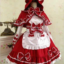 Vestido de princesa lolita, Encaje Vintage gótico, Sudadera con capucha con capa de montar roja, correa de espagueti, vestido de sirvienta dulce de una pieza para cosplay