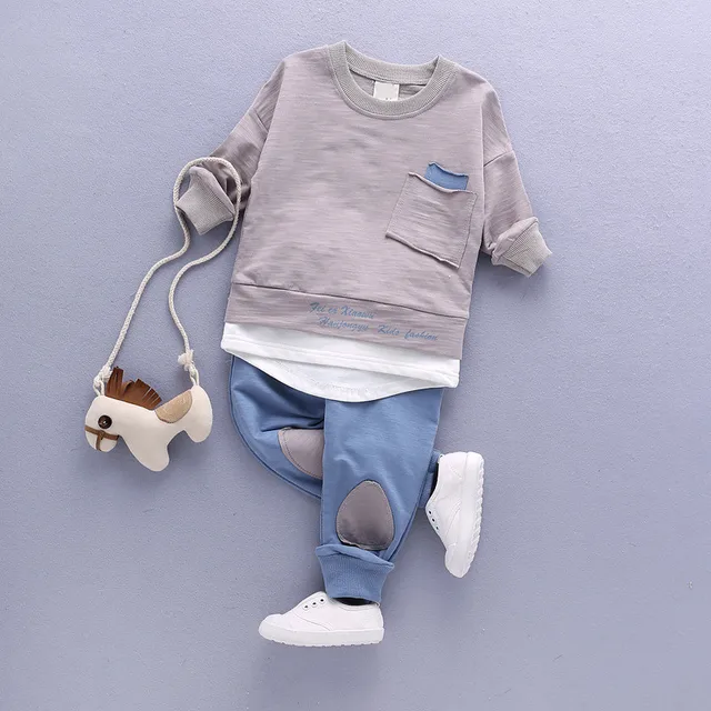 New Grey Pink Baby Boy Cotton Clothes Sets Long Sleeve Tshirt Pant Suit