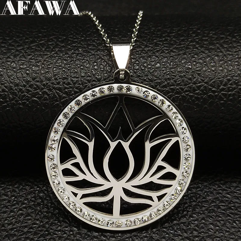 

2019 Lotus Crystal Stainless Steel Choker Necklace Women Big Silver Color Necklace Jewelry joyeria de acero inoxidable N18591