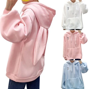 

Womens Rabbit Ear Girl Long Sleeve Hoodies Sweatshirt Autumn Winter Cotton Hooded Coat Lovely Female Bunny Hoodies