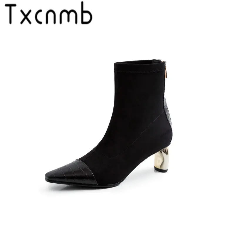 

TXCNMB Black Ankle Boots Genuine Leather Shoes Women Boots Autumn Winter 2019 Pointed Toe Brand Shoes Women Heel