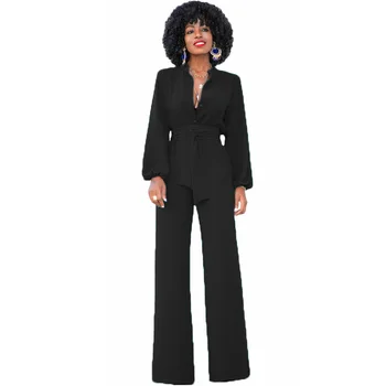 

Runway Designer 2020 Autumn Winter Women Sexy Long Jumpsuit Overalls Office Ladies Wide Leg Black Tunic Jumpsuit Romper Wit Belt