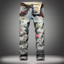 Новинка 2019 г. осень-зима для мужчин тонкий прямой вышивка знак рваные хип-хоп проблемных стиральная джинсовая брюки карго мужские джинсы 29-38