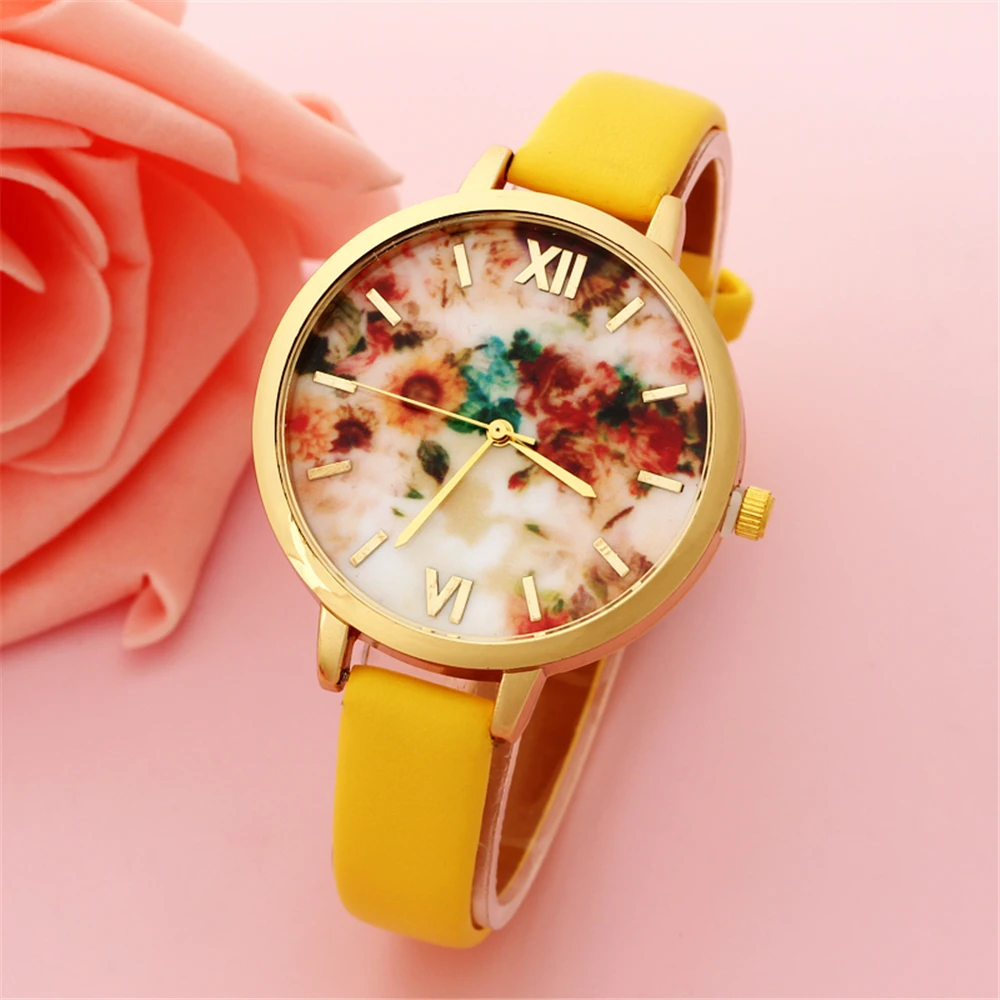 

Girls' Fresh Style Yellow Fashion Thin Band Leather Watch Women Luxury Top Brand Casual Sport Analog Watch
