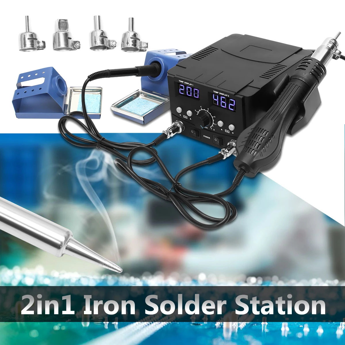 

750W 110V LCD Digital 2 In 1 Rework Soldering Station 8582D Hot Air Heater Gun SMD Desoldering Iron Station Welding Machine