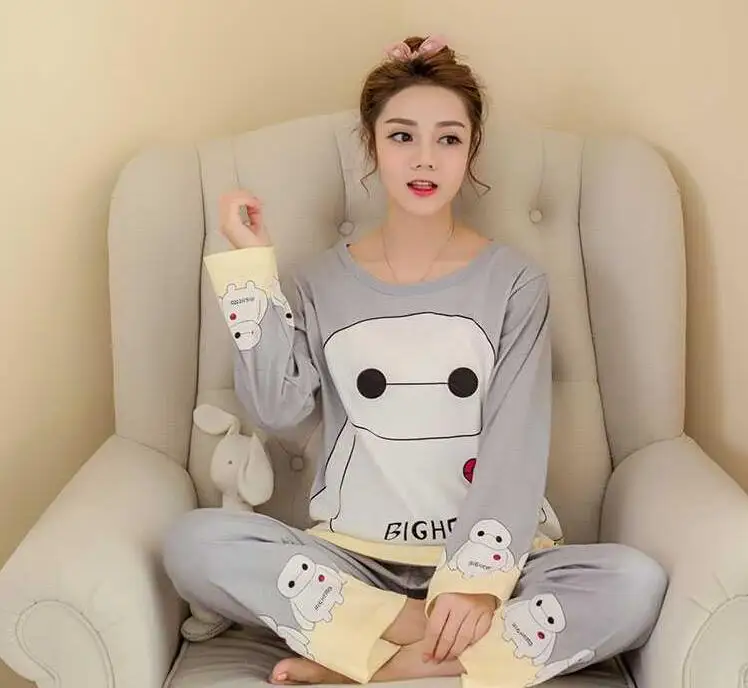 

Free Shipping Women Pajamas Suits Spring/autumn Cartoon Female full long sleeve O-neck Shirt+pants Milk Silk Tracksuit P145