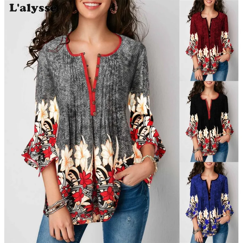 

LALYSSE PlusSize Women Floral Print Slim Tee T Shirt Casual V Neck 3/4 Sleeve Tunic T-shirts Elegant Ladies Ruffles Tops Blusas