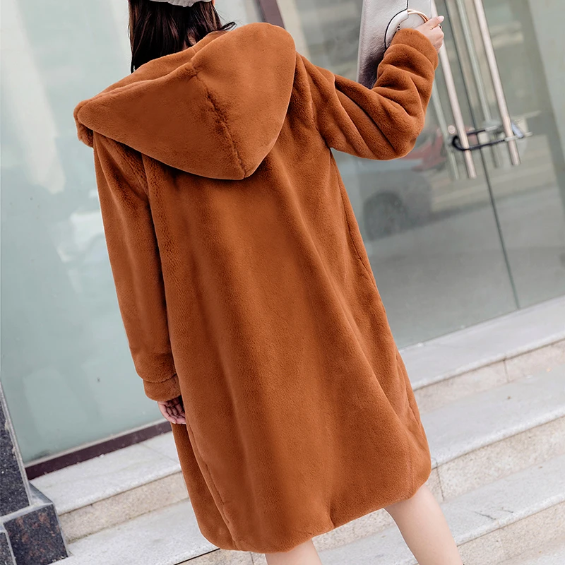 Colour Femmes Cheveux apricot Chaud Caramel Épaississement Femelle De black Hiver Lapin Long Lâche Capuchon Manteau Veste À 2018 Automne Faux Fourrure coréen Nouvelle YRB66n