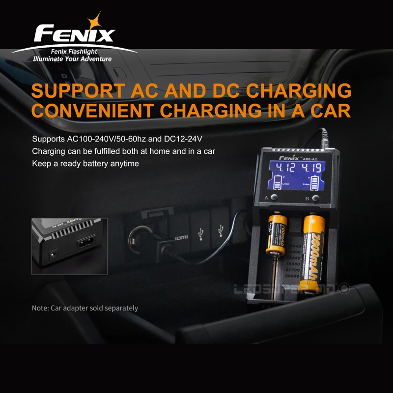 LCD Screen Fenix ARE-A2 Dual Channel Smart Charger is Compatible with Li-ion/ Ni-MH/ Ni-Cd Batteries