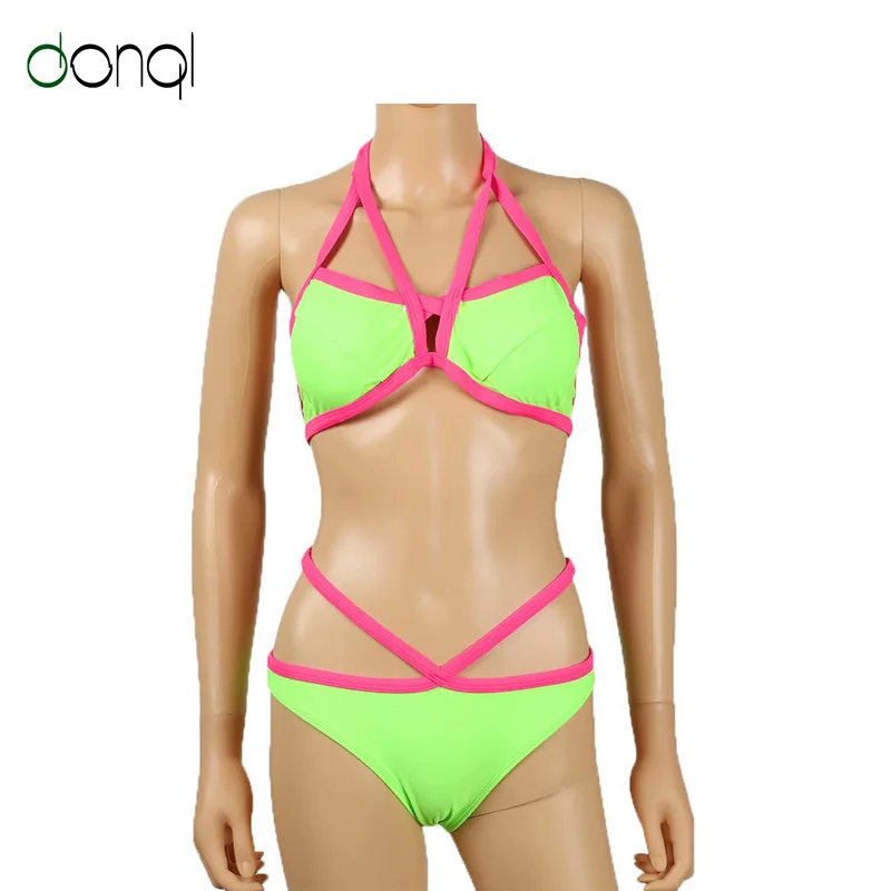 2017 Высокая Шея Бикини Купальник Холтер Strappy Сетки Микро Стринги Push Up Bikini Beach