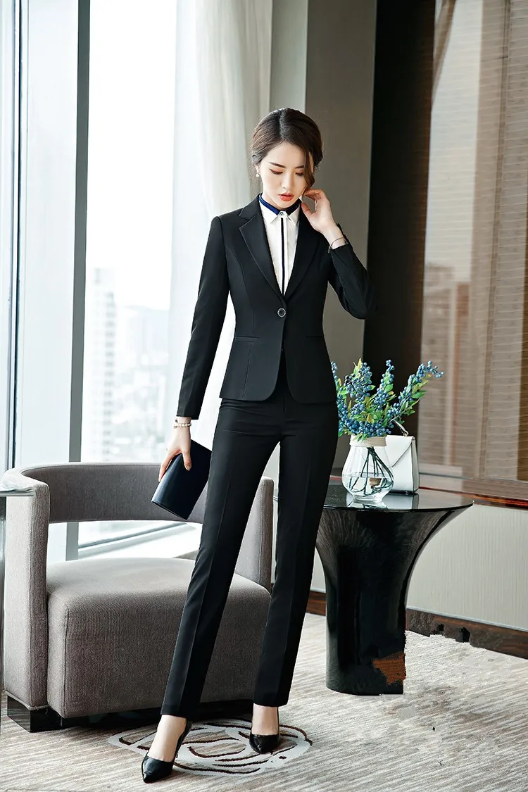 Элегантный офис леди бизнес костюмы для женщин 2 из двух частей наборы ухода за кожей женский Блейзер Куртка и прямые брюки Д