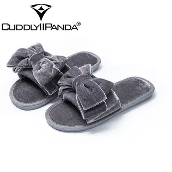 

CuddlyIIPanda Cute Butterfly Knot Indoor Winter Furry Soft Slippers Women Red Black Faux Plush Autumn House Home with Fur Shoes