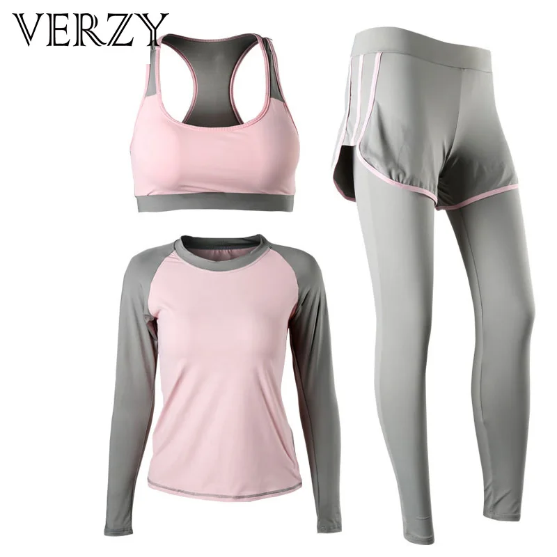 3 Piece Women Yoga Suit Set Sports Bra Long Sleeve Long Pants