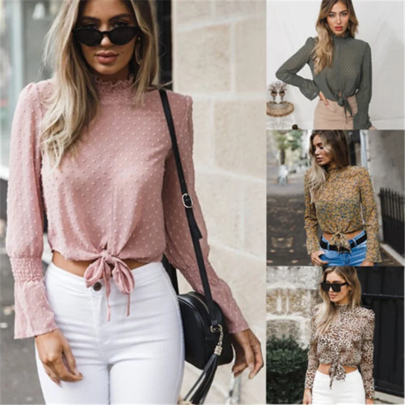 

New Women Summer Boho Beach Knot Short Blouse Print Halter Long Sleeve Shirt Elegant Ladies Loose Blouse Women's Clothing
