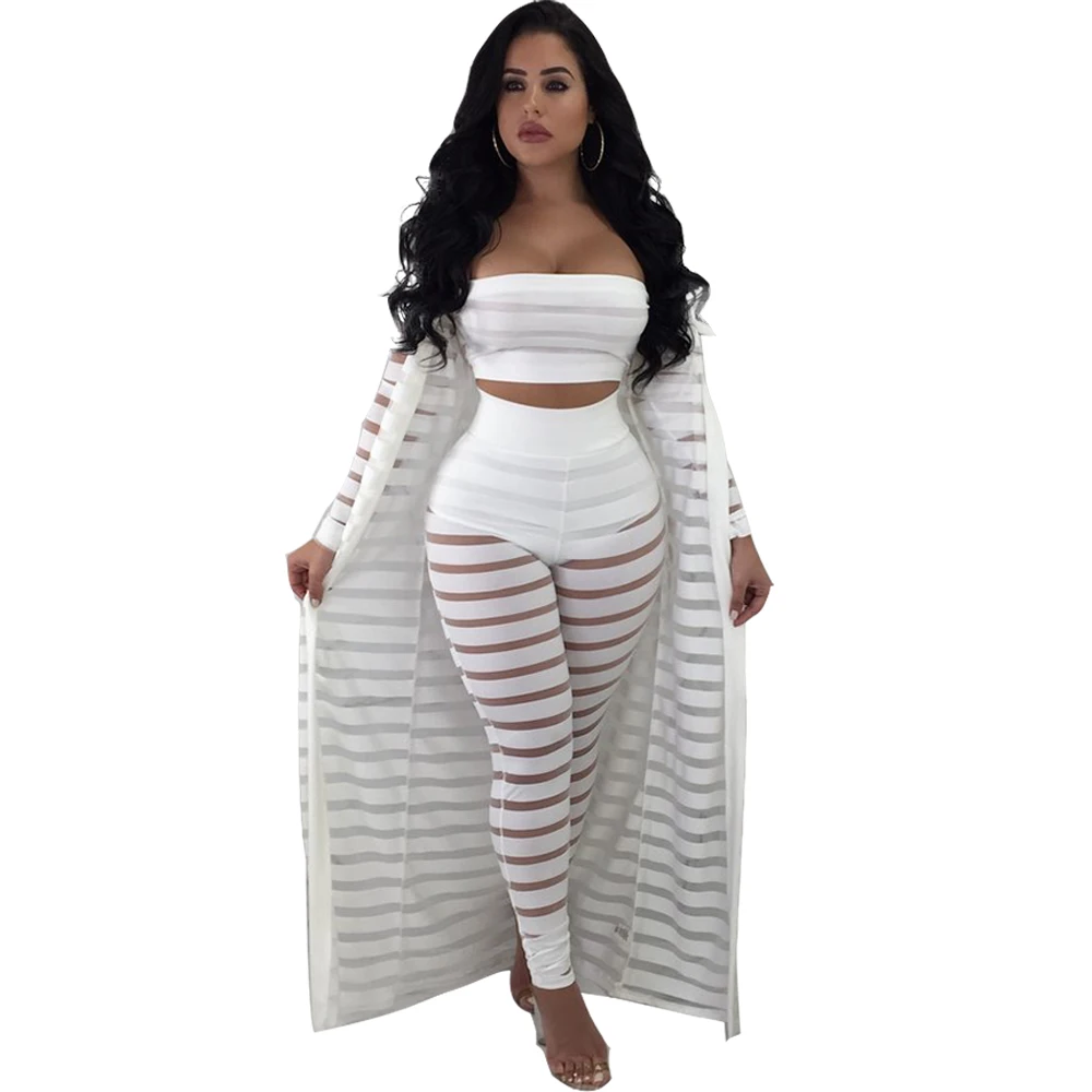 

S-XXXL Summer tracksuit Hollow Out Stripe Overalls fashion sexy women's set Three pieces suits Jumpsuit casual nightclub S3365