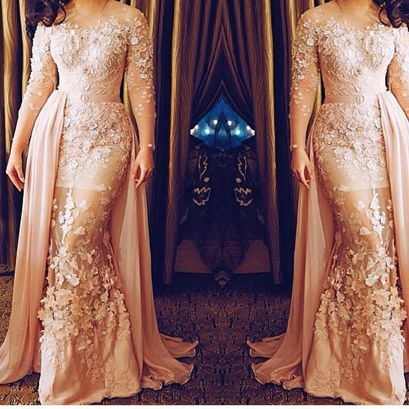 Plus Size Appliqued Formal Evening Dresses Mermaid Sheer Jewel Neck Evening Gowns Sleeves Long Prom Dress With Detachable Train179