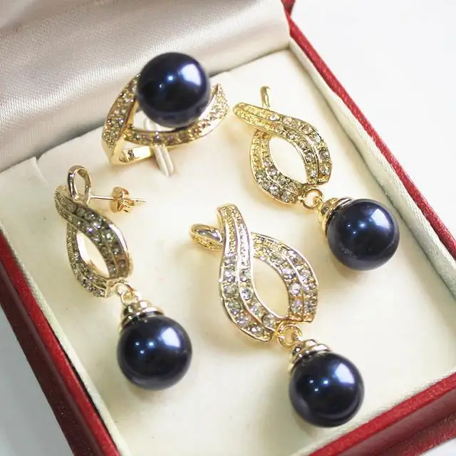 

best gift 18KGP 12mm black shell pearl pendant, earrins and ring(7-10#)sets for lady