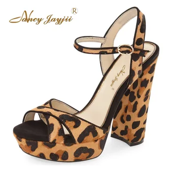 

Sexy Womens handmade Leopard Kid-Suede Open Toe High Thick Size 15 Heels Platform Sandals Shoes Woman Babuchas Mujer Nancyjayjii