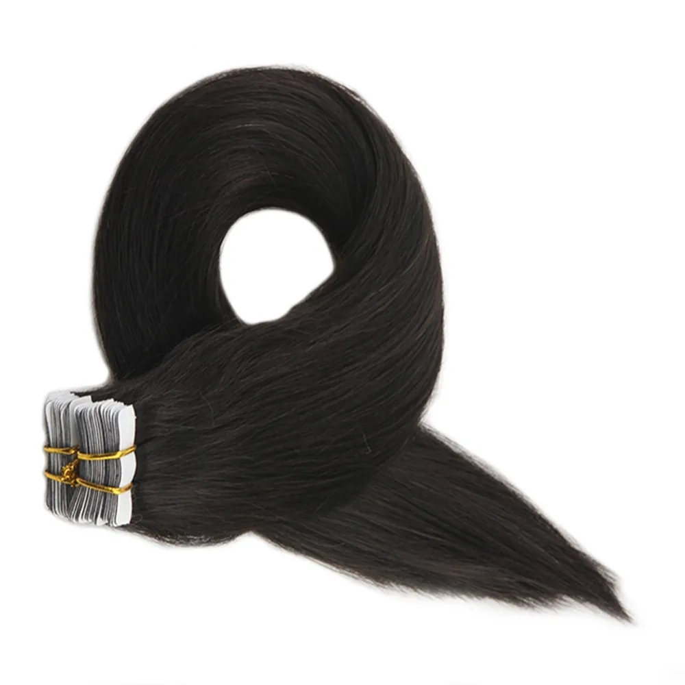 Полная Глянцевая лента для наращивания человеческих волос чистый цвет# 1B Выкл Черный 100 грамм 40 шт в упаковке Remy лента для наращивания волос на волосах