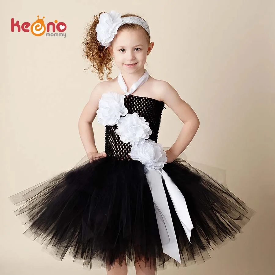 

Black and White Flower Girls Tutu Dress with Headband Pageant Soft Tulle Baby Dress Special Occasion Photo Costume TS107