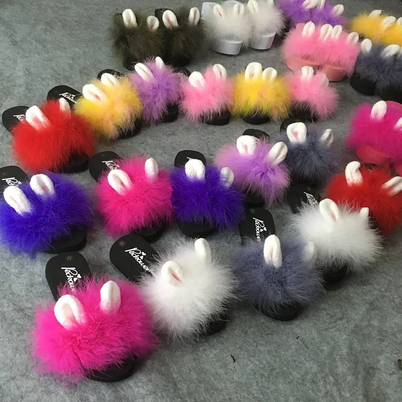 

Summer women slippers real feather turkey fur platform wedge heel thick bottom rabbit ear sandals slides mules