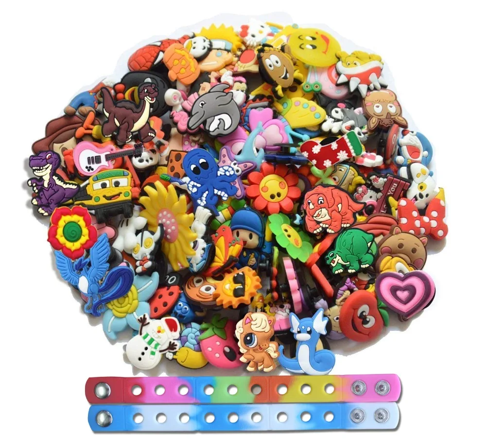 

50pcs/lot various styles random shoe accessories shoe charms +2pcs bracelets fit croc and wrisband for children gift